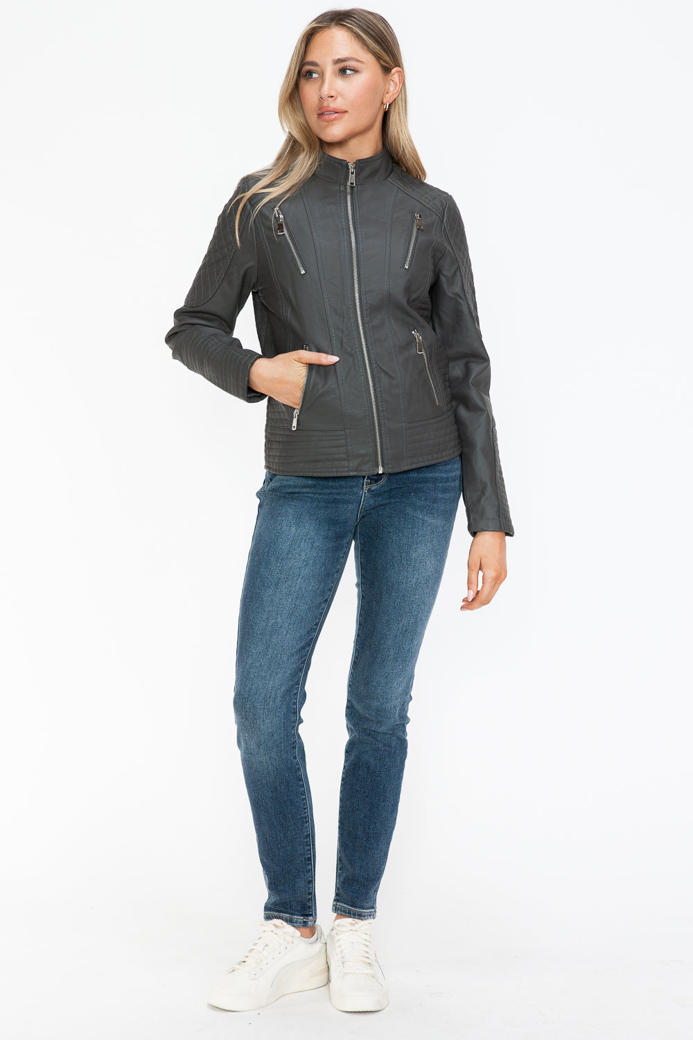 Salvia Ettore Faux Leather Zip Up Mock Neck Jacket