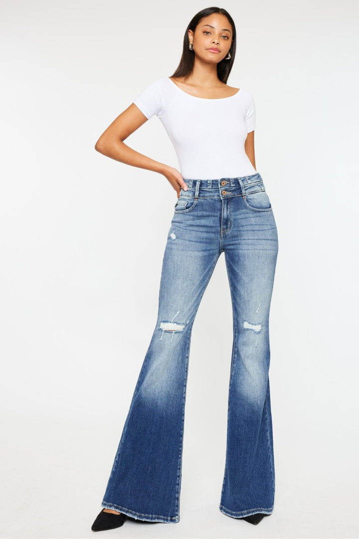 Kancan High Rise Wide Waistband Flare Jeans