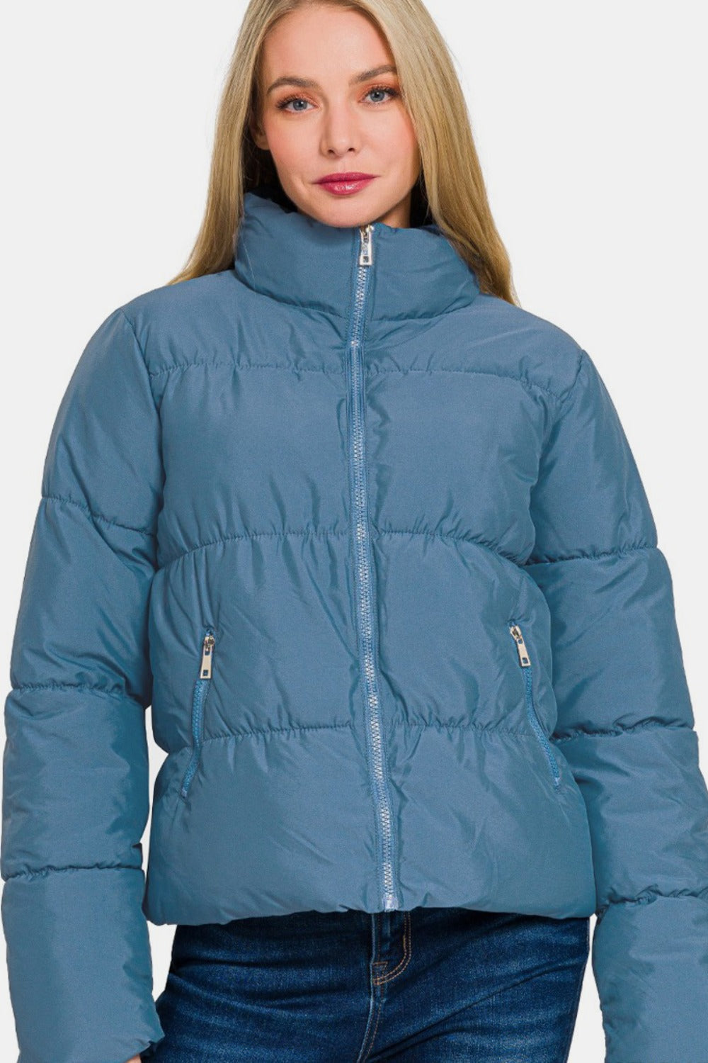 Zenana Zip Up Turtleneck Puffer Jacket with Pockets