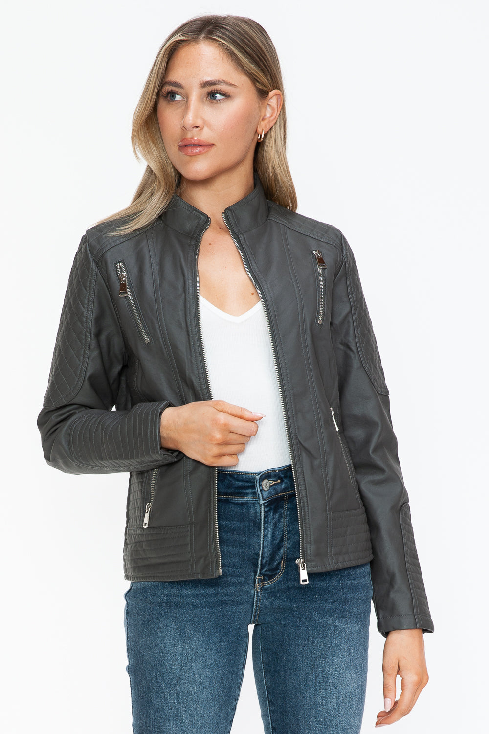 Salvia Ettore Faux Leather Zip Up Mock Neck Jacket