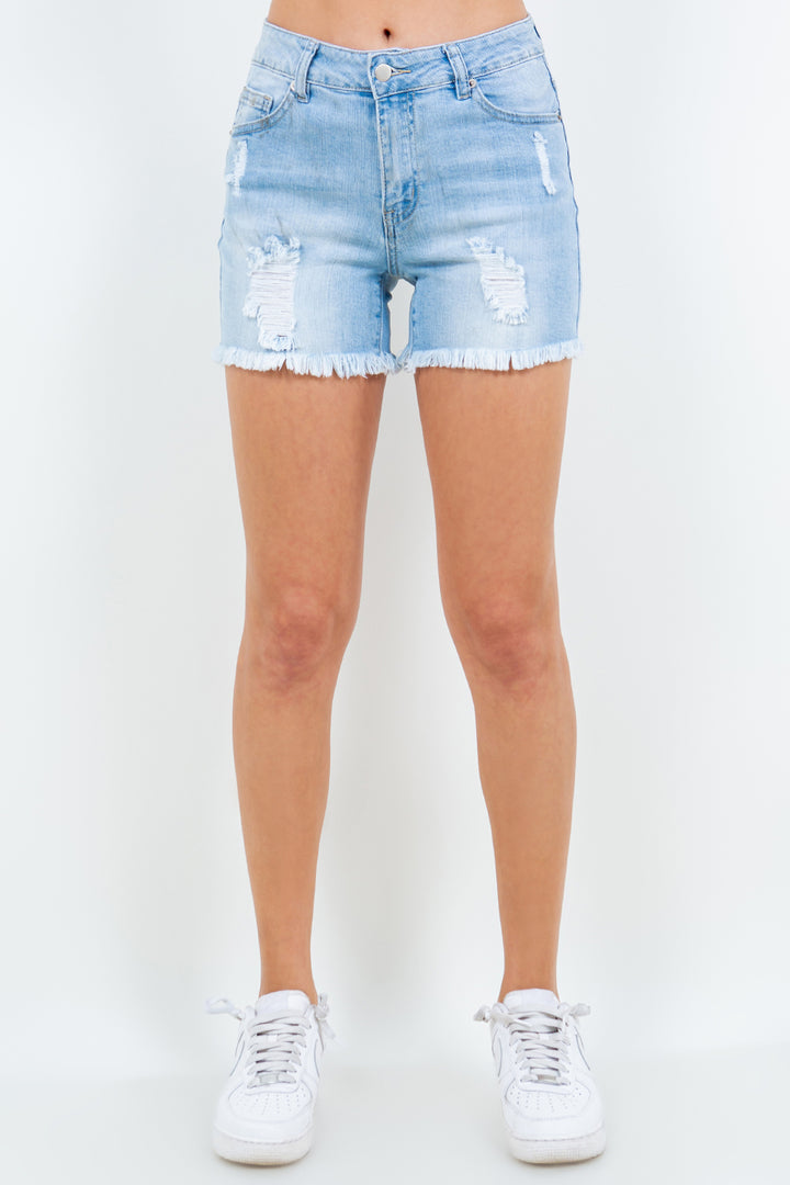 American Bazi – Distressed-Jeansshorts mit hoher Taille und ausgefranstem Saum