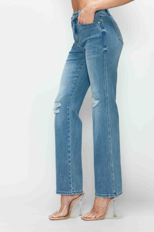 bytos Full Size Distressed High Rise Straight Jeans