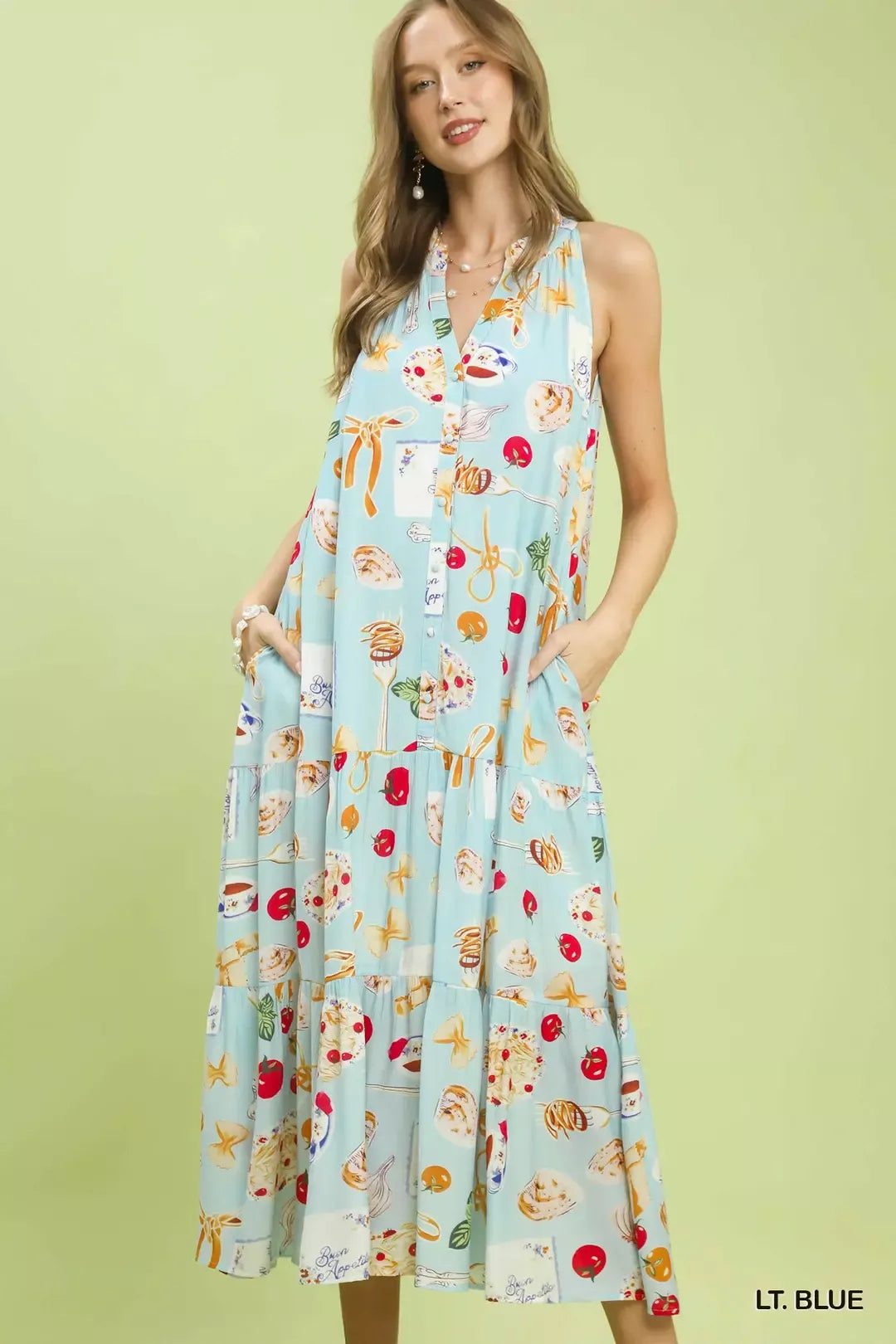 Umgee Abstract Print Tiered Halter Midi Dress LT. BLUE / S Umgee Abstract Print Tiered Halter Midi Dress LT. BLUE / S