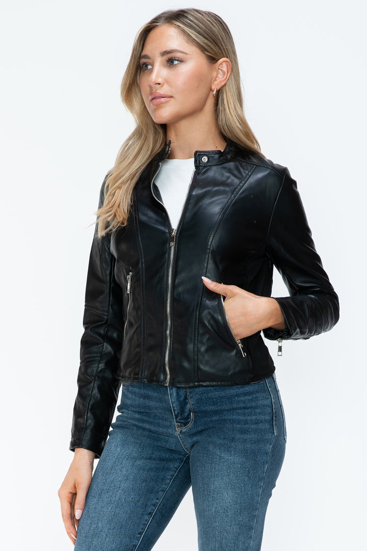 Salvia Ettore PU Leather Zip Up Jacket with Pockets