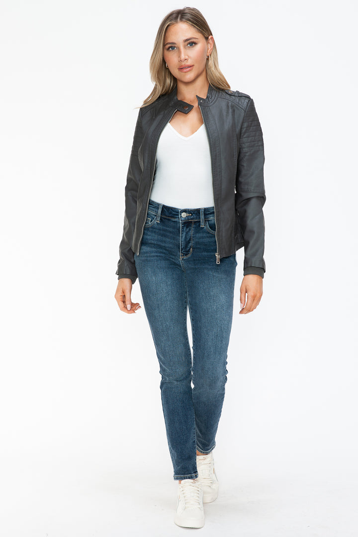 Salvia Ettore PU Leather Biker Jacket with Side Zip Pockets