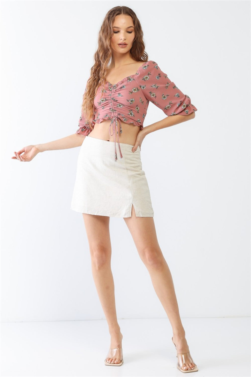 Miss Love / Kevin Co. Floral Ruffle Smocked Back Ruched Crop Top