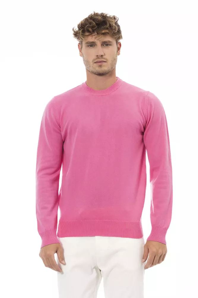 Alpha Studio Chic Pink Crewneck Sweater with Fine Rib Detailing