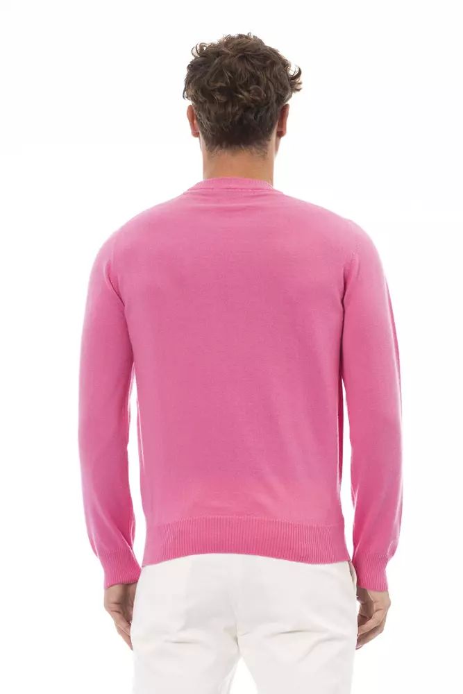Alpha Studio Chic Pink Crewneck Sweater with Fine Rib Detailing