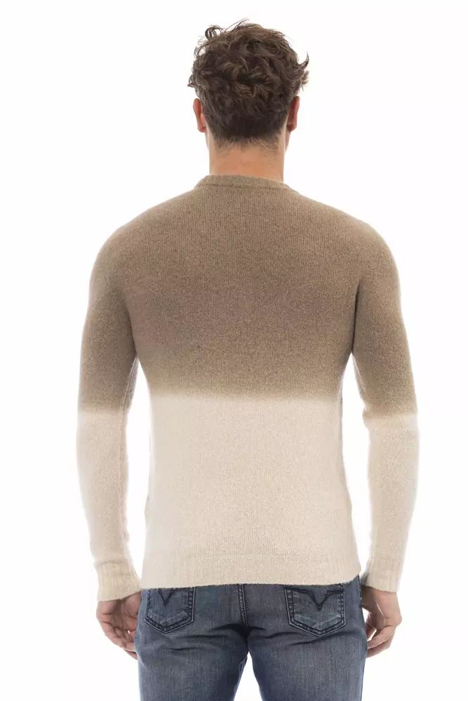 Alpha Studio Beige Crewneck Sweater with Ribbed Details