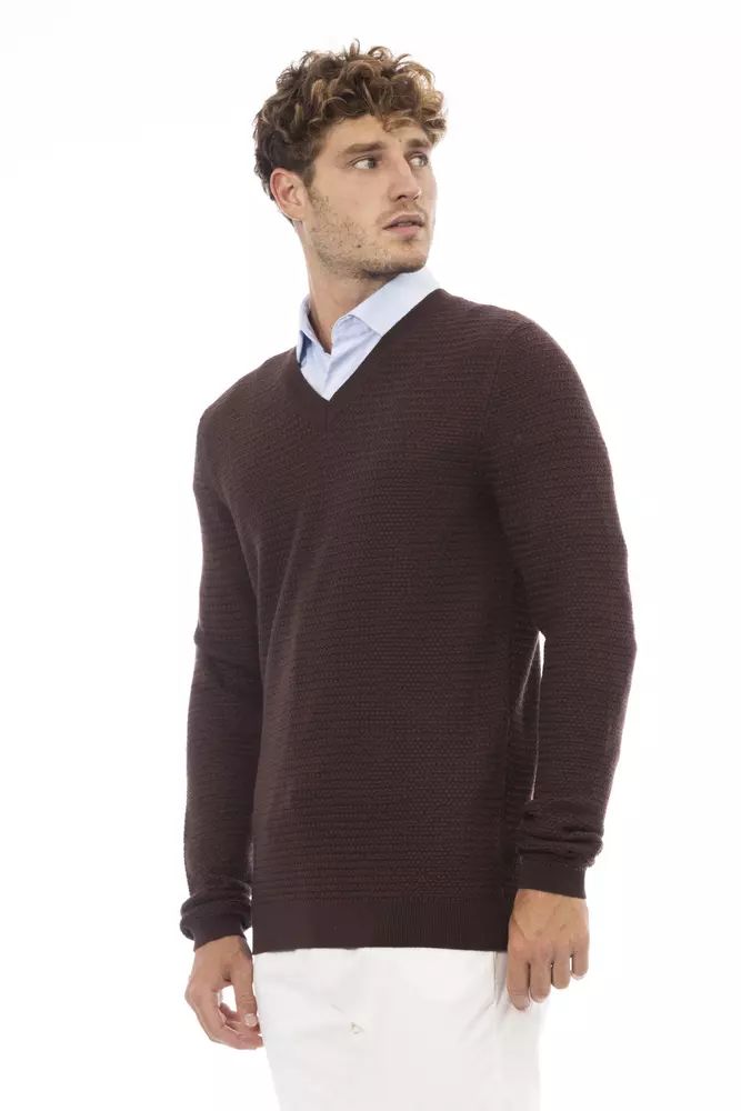 Alpha Studio Classic V-Neck Merino Wool Sweater - Sumptuous Brown