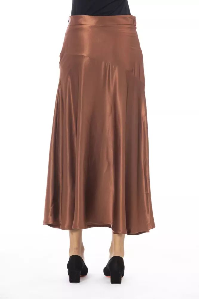 Alpha Studio Elegant Satin Midi Skirt in Rich Brown