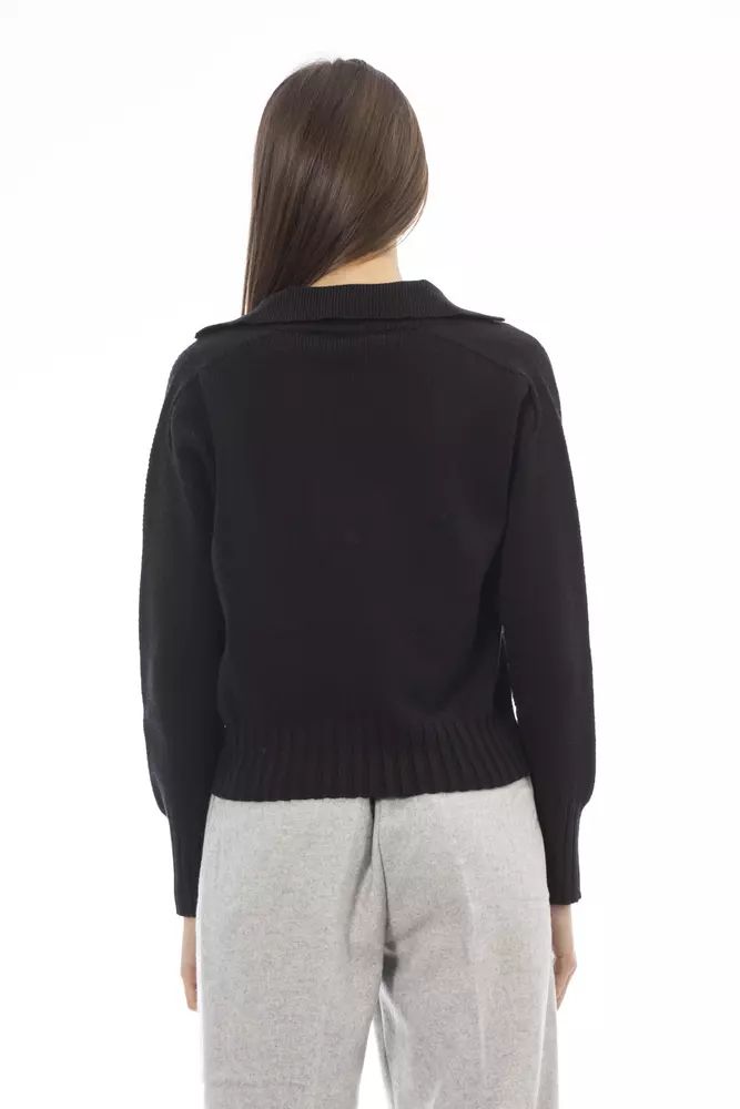 Alpha Studio Elegant V-Neck Black Sweater with Ribbed Trims