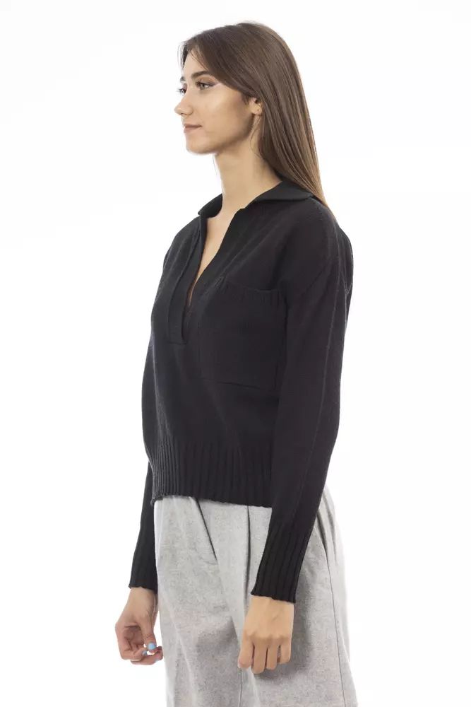 Alpha Studio Elegant V-Neck Black Sweater with Ribbed Trims