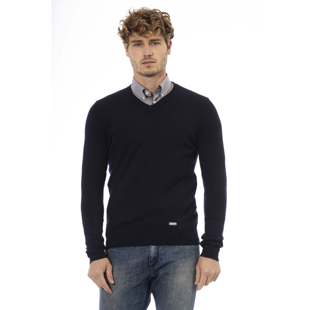 Baldinini Trend Elegant Blue V-Neck Wool-Blend Sweater
