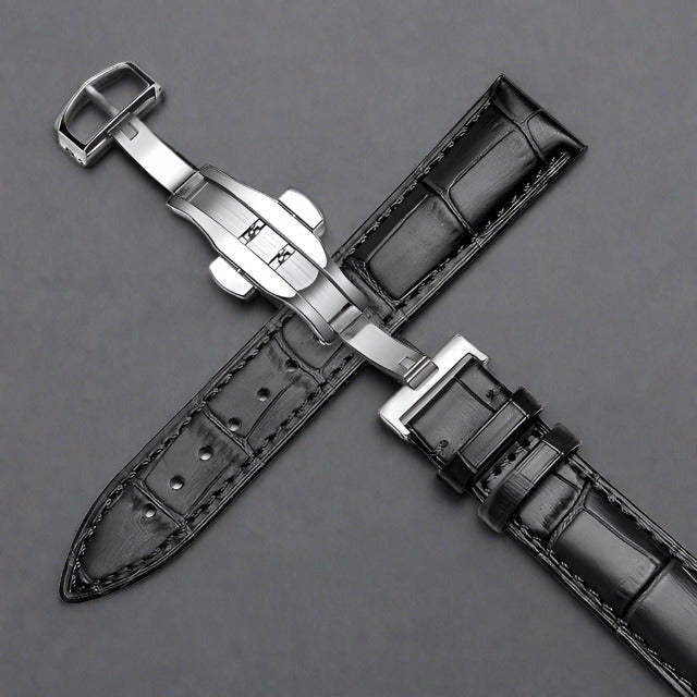 Genuine Leather Watch Band Alligator Grain 18mm 19mm 20mm 21mm 22mm 24mm Calf Strap for Tissot Seiko Black Black Silver