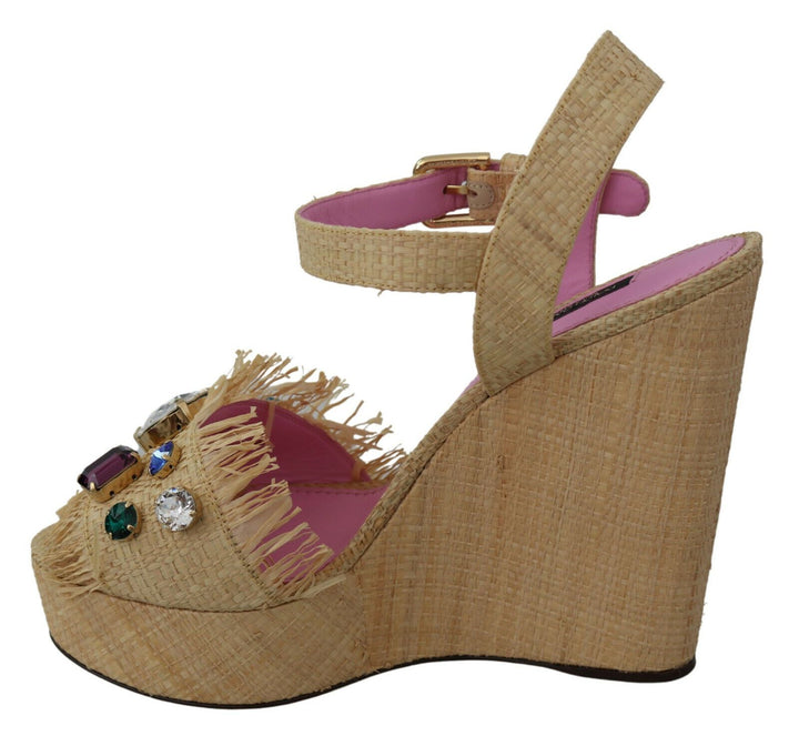 Dolce & Gabbana Beige Silk Strap Wedge Sandals