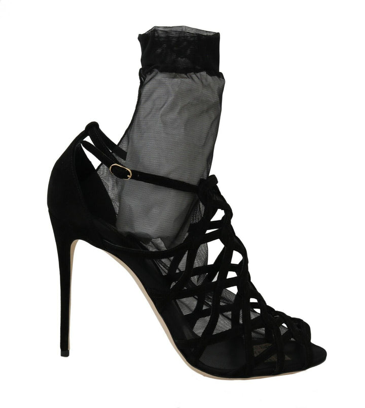 Dolce & Gabbana Black Suede Tulle Ankle Boot Sandals