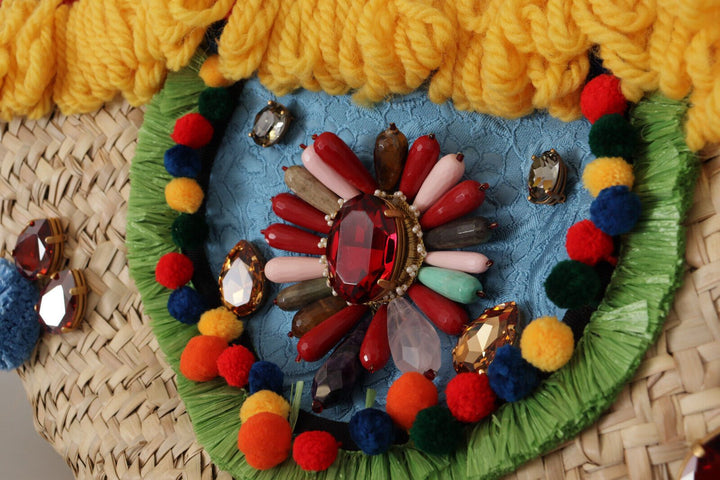 Dolce &amp; Gabbana Paille à main avec boules de pompons multicolores et cristaux