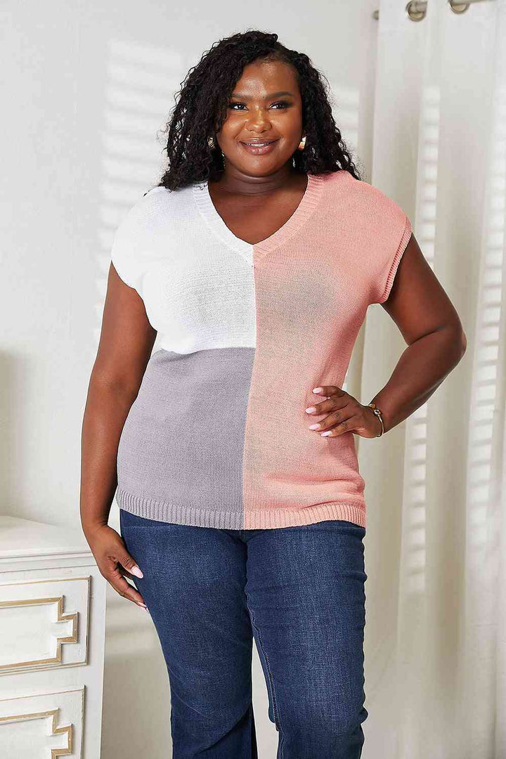 Double Take Color Block V-Neck Knit Top