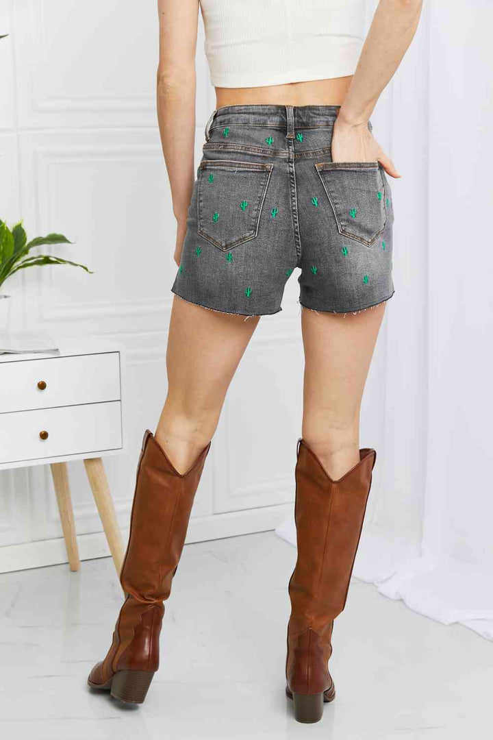 Judy Blue Full Size Cactus Contrast Raw Hem Slit Denim Shorts