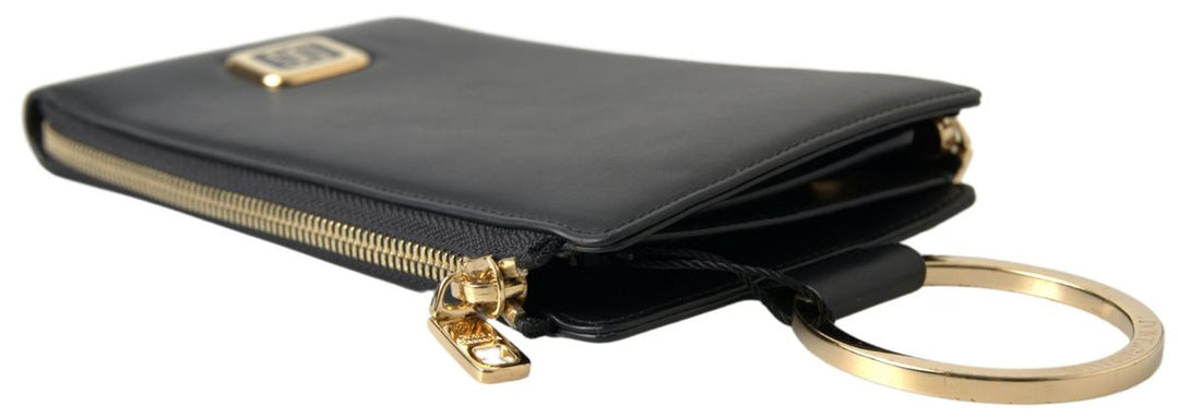 Dolce & Gabbana Black Leather DG Logo Gold Zip Card Holder Men Wallet