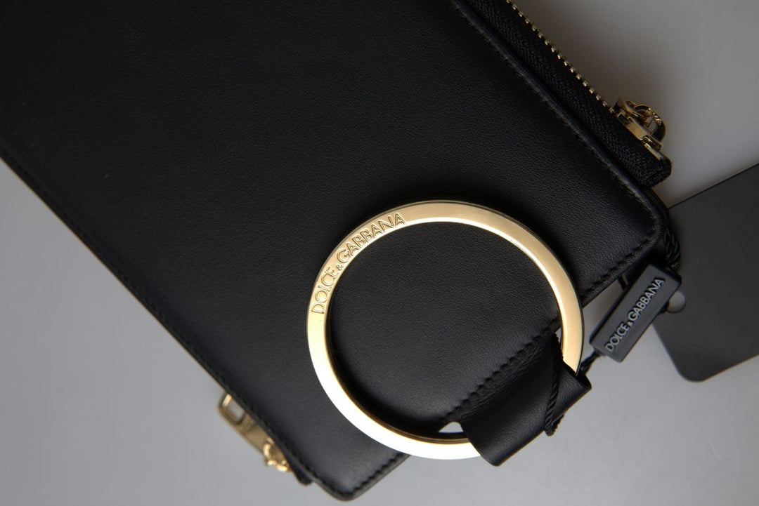 Dolce & Gabbana Black Leather DG Logo Gold Zip Card Holder Men Wallet