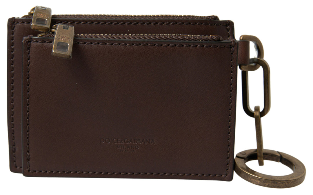 Dolce & Gabbana Brown Leather Zip Logo Keyring Coin Purse Wallet
