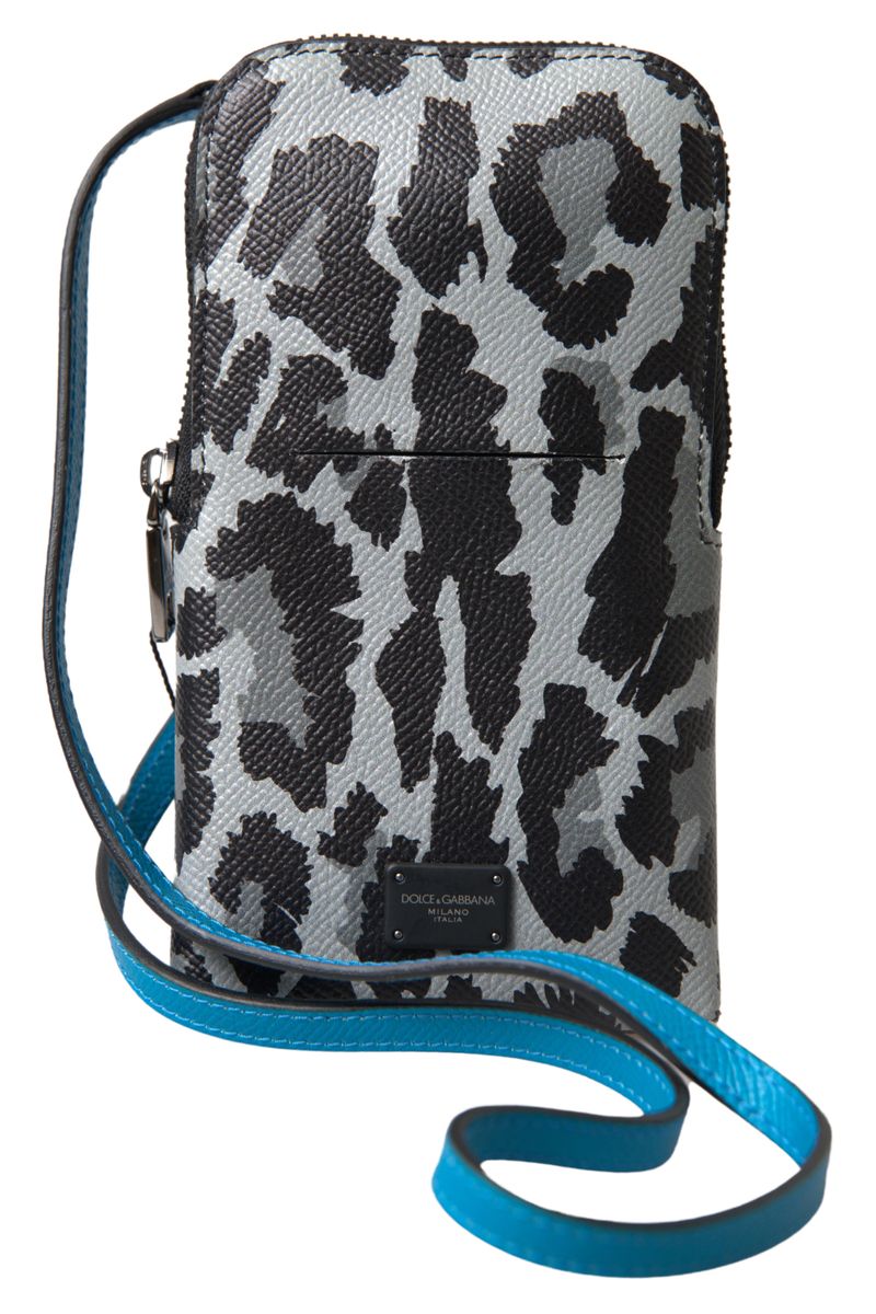 Dolce & Gabbana Gray Leopard Leather Men Purse Crossbody Sling Phone Bag