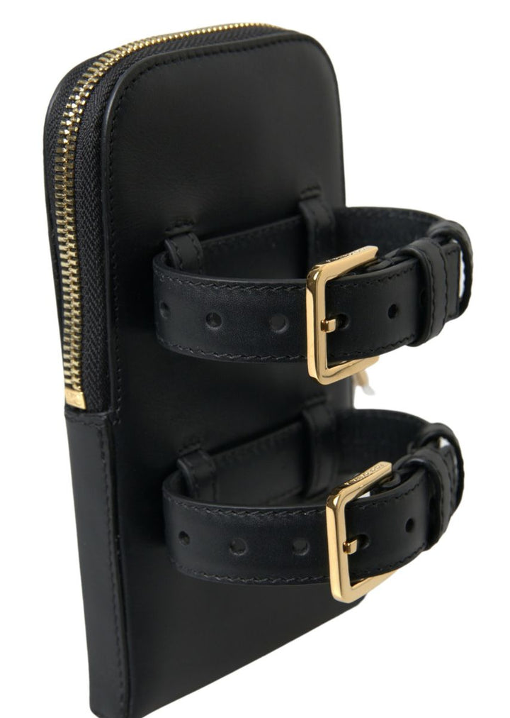 Dolce & Gabbana Black Leather Men Purse Double Belt Strap Bracelet Bag