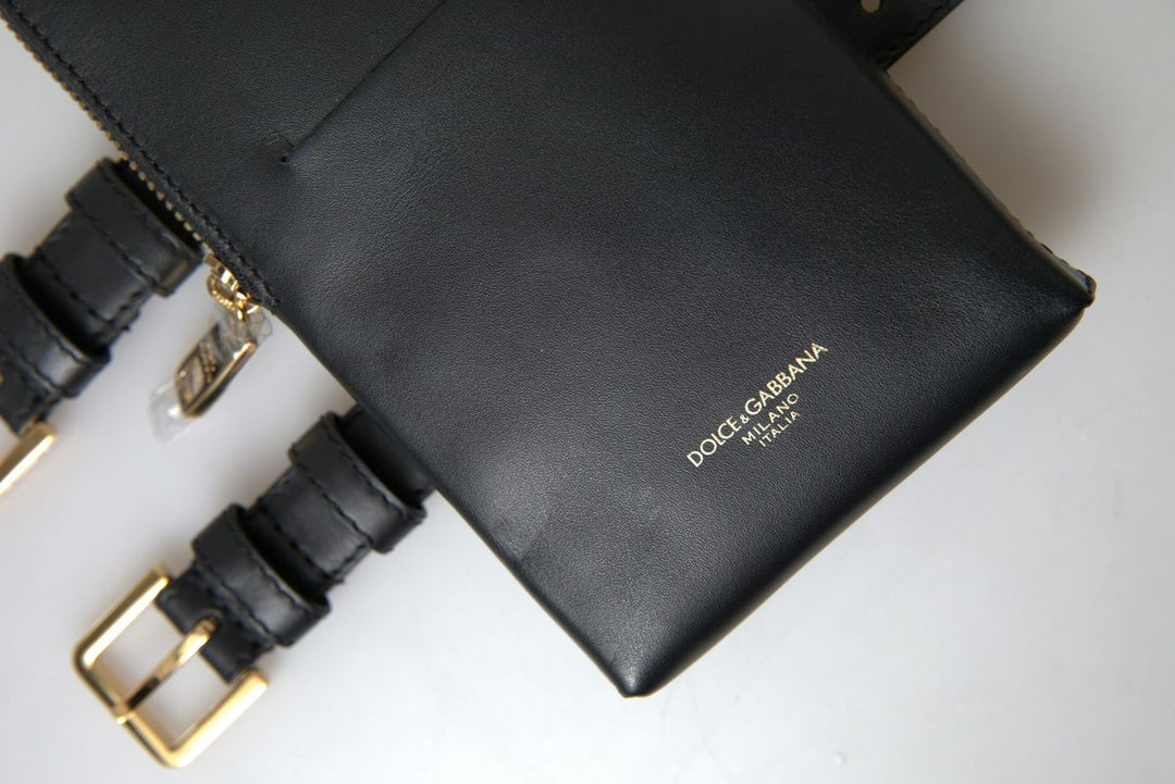 Dolce & Gabbana Black Leather Men Purse Double Belt Strap Bracelet Bag