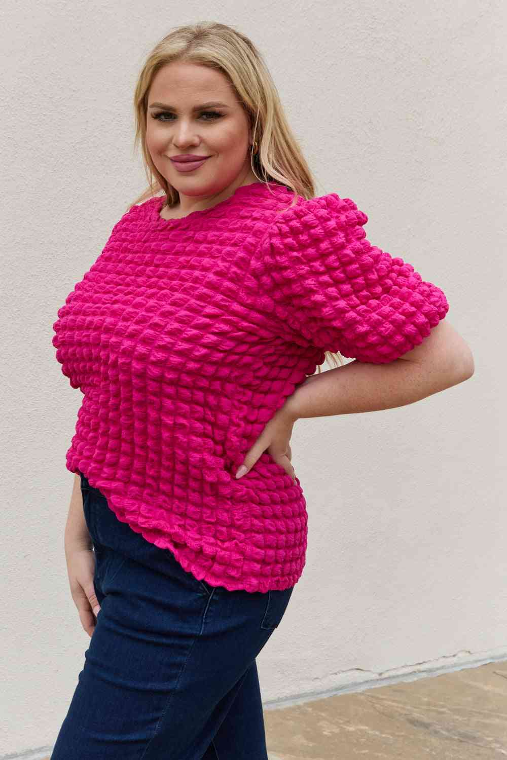 And The Why Full Size Bubble Textured Puff Sleeve Top
