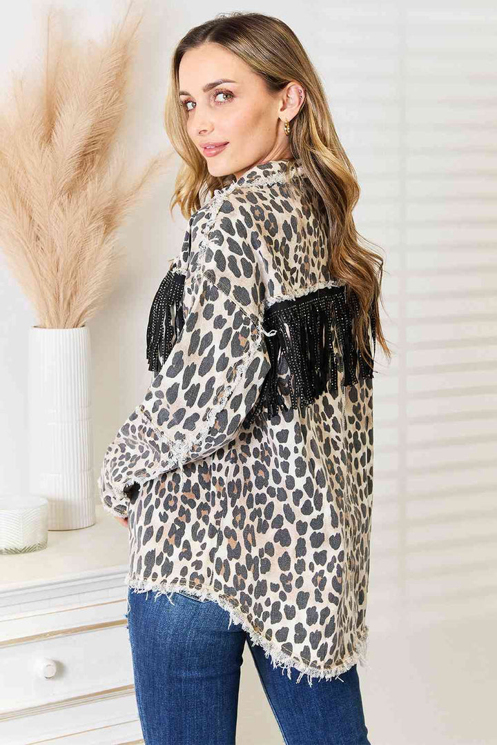 Veste en jean à col et détail léopard à franges Double Take