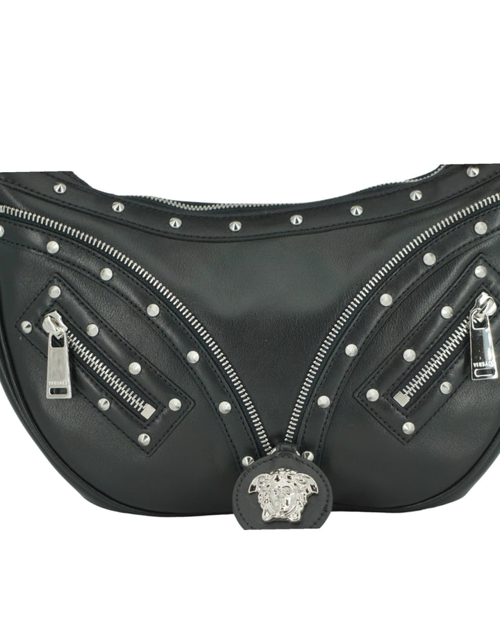 Versace Elegant Black Leather Hobo Shoulder Bag