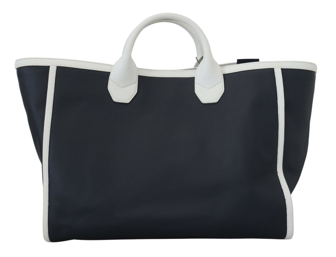 Dolce & Gabbana White Blue Leather Shopping Tote Bag