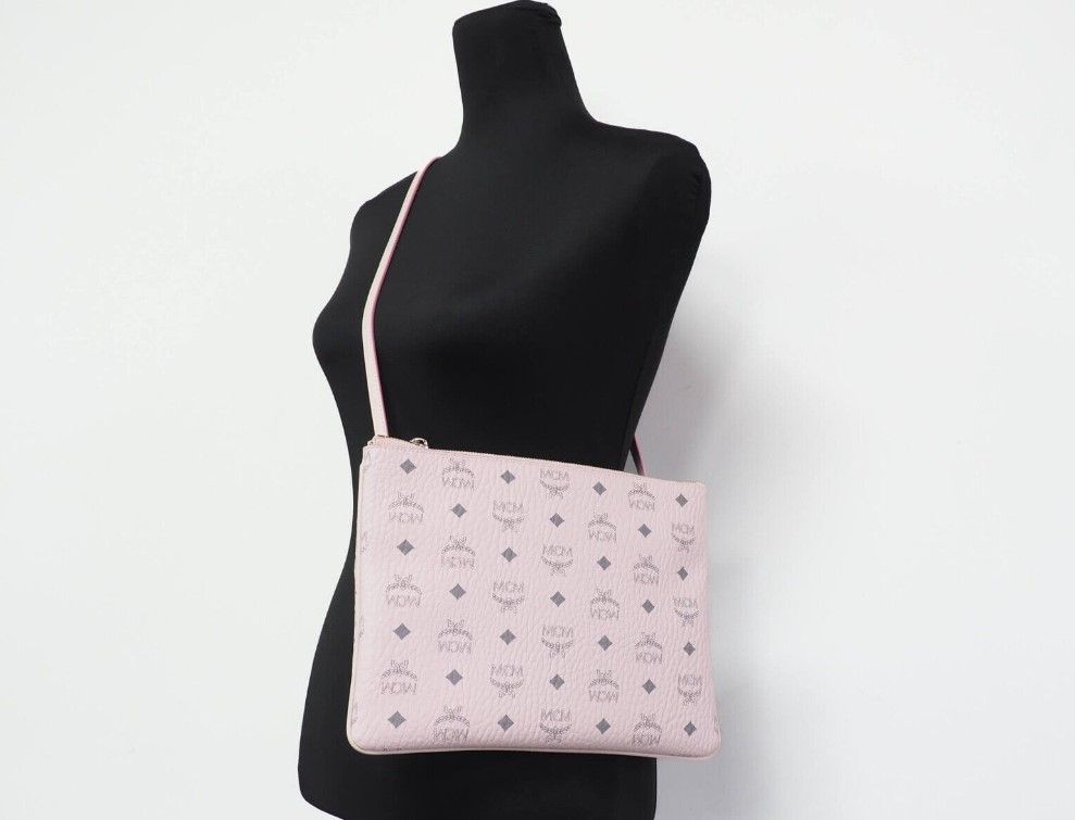 MCM Portuna Medium Visetos Powder Pink Coated Canvas Flat Pouch Crossbody Bag