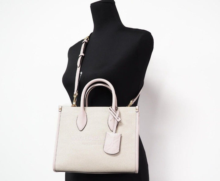 Michael Kors Mirella Small Powder Blush Canvas Shopper Crossbody Handbag Purse