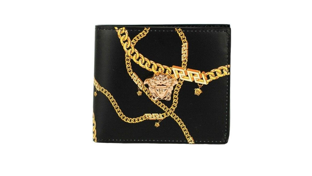 Versace Black Smooth Leather Gold Medusa Head Chain Logo Bifold Organizer Wallet