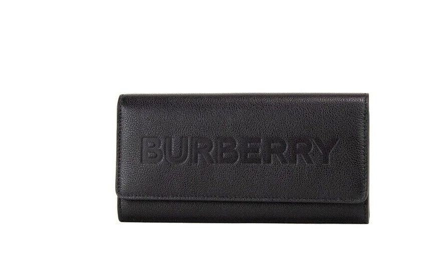 Burberry Porter Black Grained Leather Branded Logo Embossed Clutch Flap Wallet