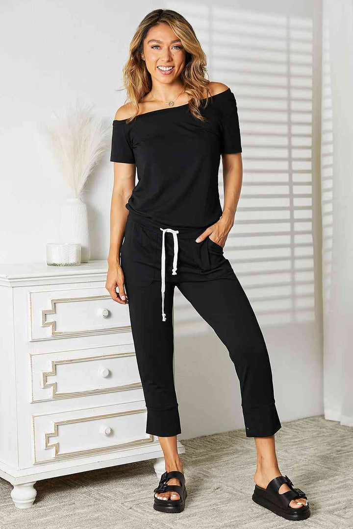 Double Take Asymmetrical Neck Tied Jumpsuit with Pockets