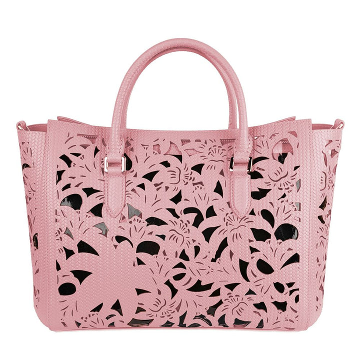 Baldinini Trend Chic Pink Calfskin Handbag with Floral Accents