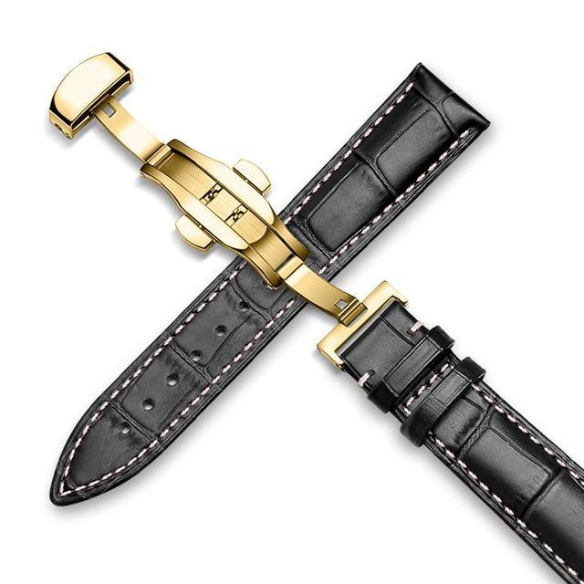 Genuine Leather Watch Band Alligator Grain 18mm 19mm 20mm 21mm 22mm 24mm Calf Strap for Tissot Seiko Black Gold - Montret