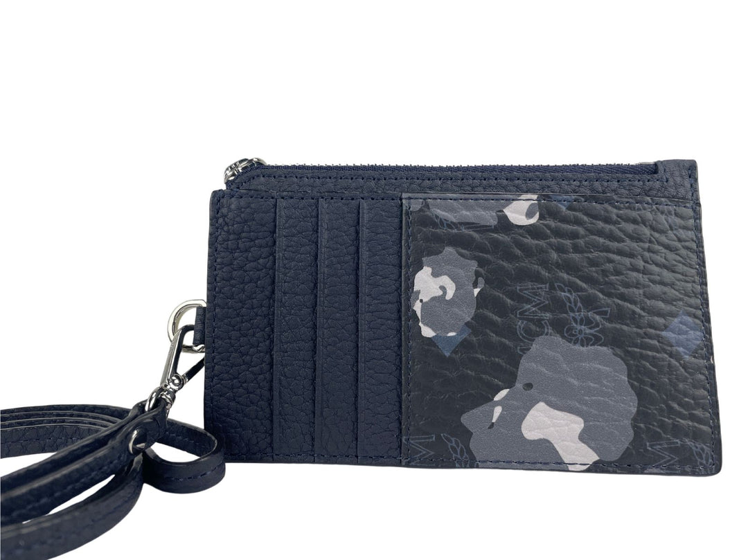 MCM Portuna Visetos Black Floral Camo Leather Card Case Necklace Lanyard Wallet