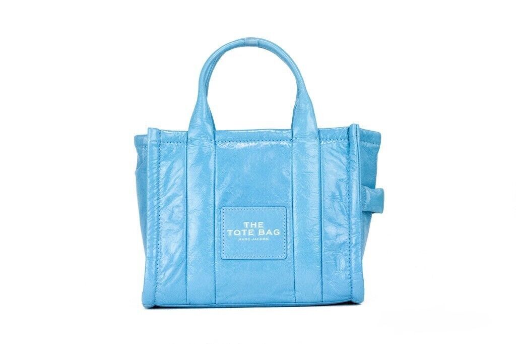Marc Jacobs The Shiny Crinkle Mini Tote Air Blue Leather Crossbody Handbag Purse
